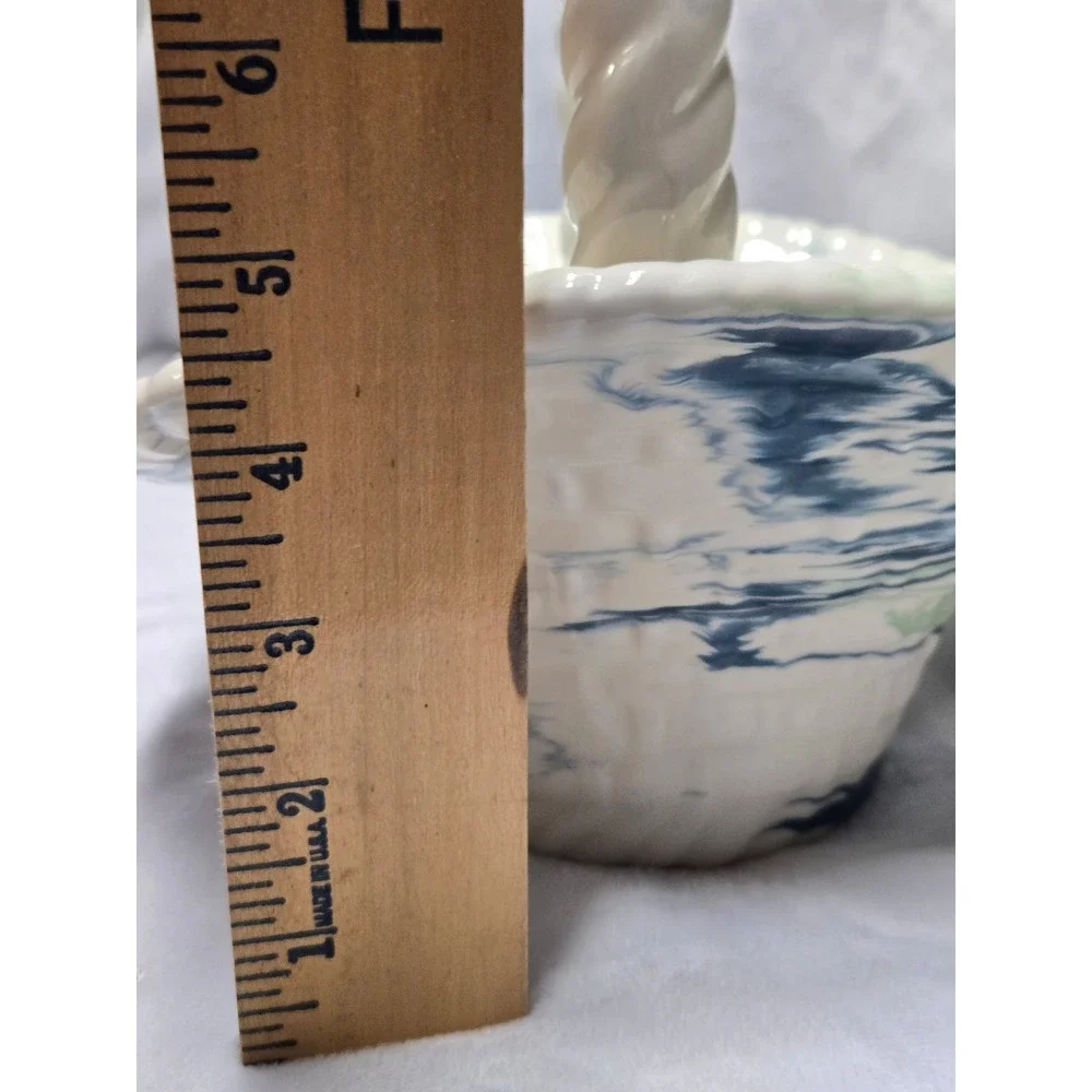 Vintage Signed Ceramic Marbled Blue Green Swirl Woven Basket Twisted Handle